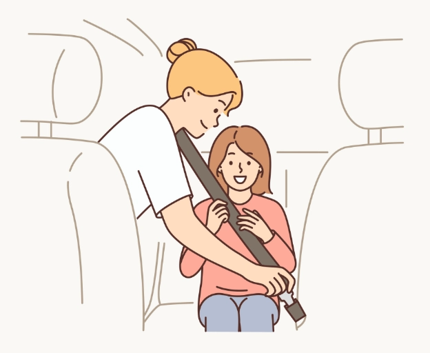 Mother fastening seatbelt for daughter in taxi.