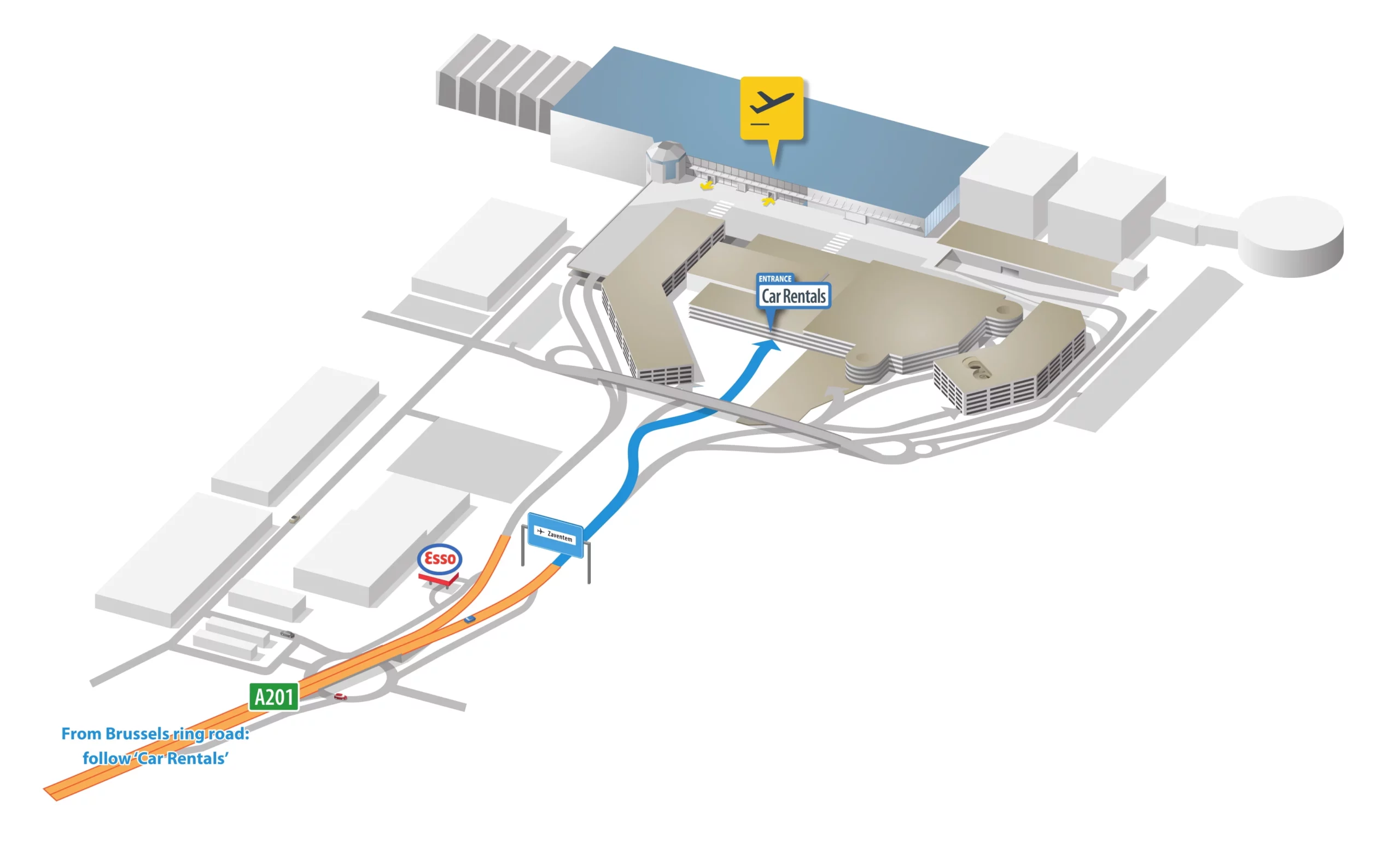 Map of car rental pickup locations at Brussels Airport.